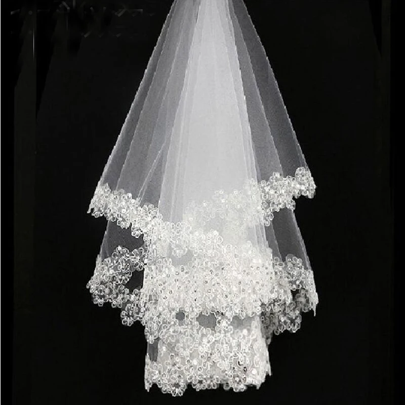 2021 On Sale Latest Arrival White Lace Edge Tulle Bridal Wedding Veils One Tier Beaded 120cm Bride Accessory | Свадьбы и торжества