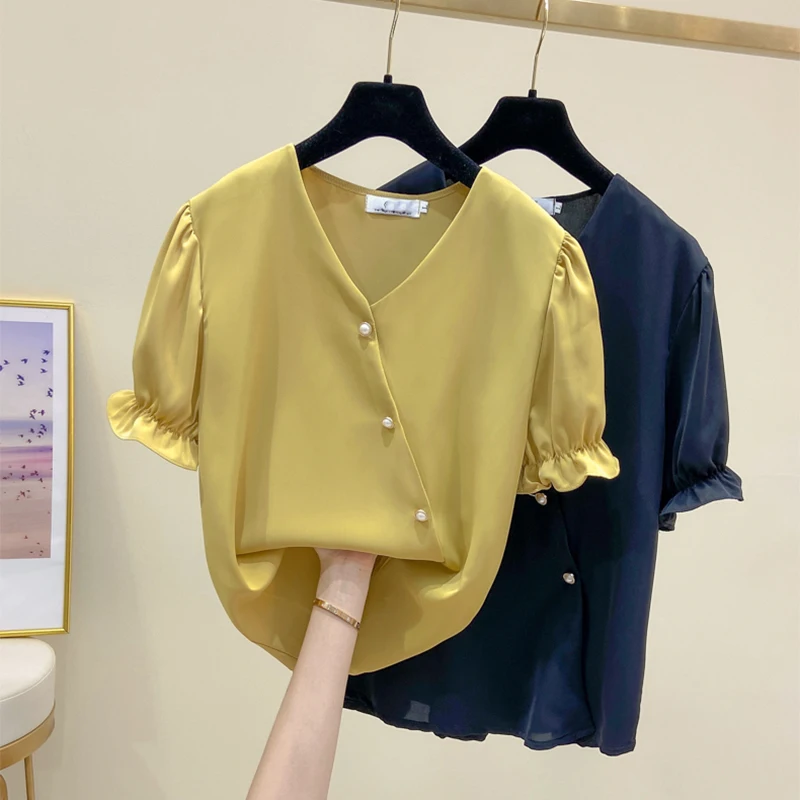 

Nkandby размера плюс летние женские шифоновые блузы, модные футболки с короткими рукавами и v-образной горловиной с рюшами и бантиком для дизай...