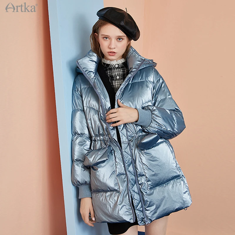 

ARTKA 2020 Зимний новый женский пуховик модный блестящий пуховик с капюшоном 3 цвета Повседневная теплая куртка на 90% белом утином пуху ZK22003D