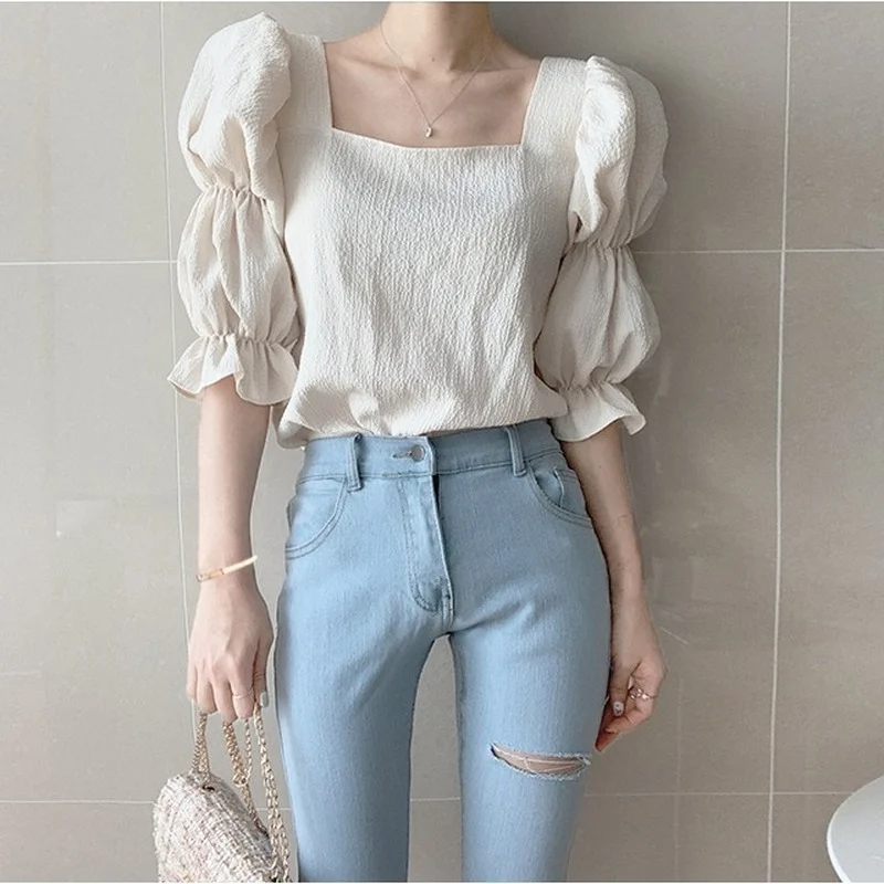 

French Chic Sweet Women Solid Tops 2021 Summer Blouse Square Collar Shirring Bubble Sleeve Blouse Elegant Shirt Blusas 13824