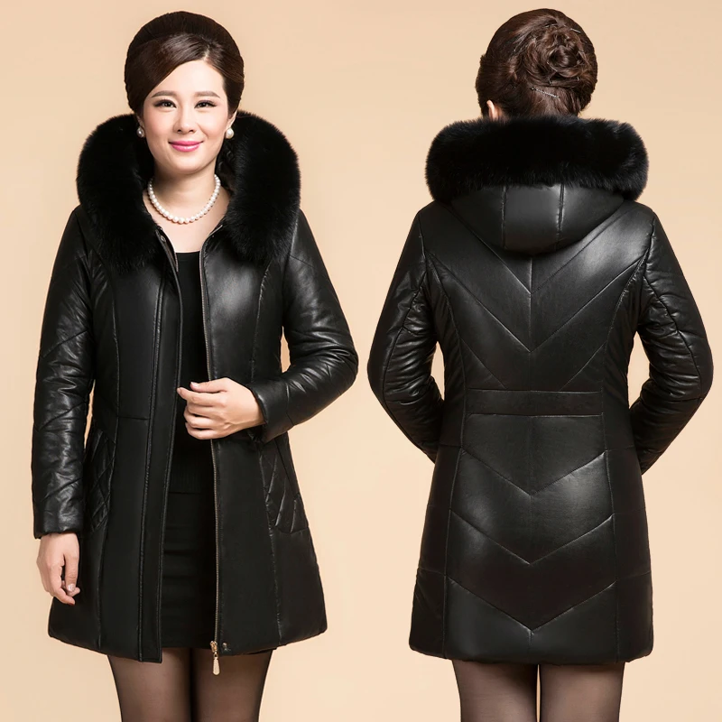 Женское кожаное пальто зимняя куртка размера плюс 6XL с капюшоном толстое теплое