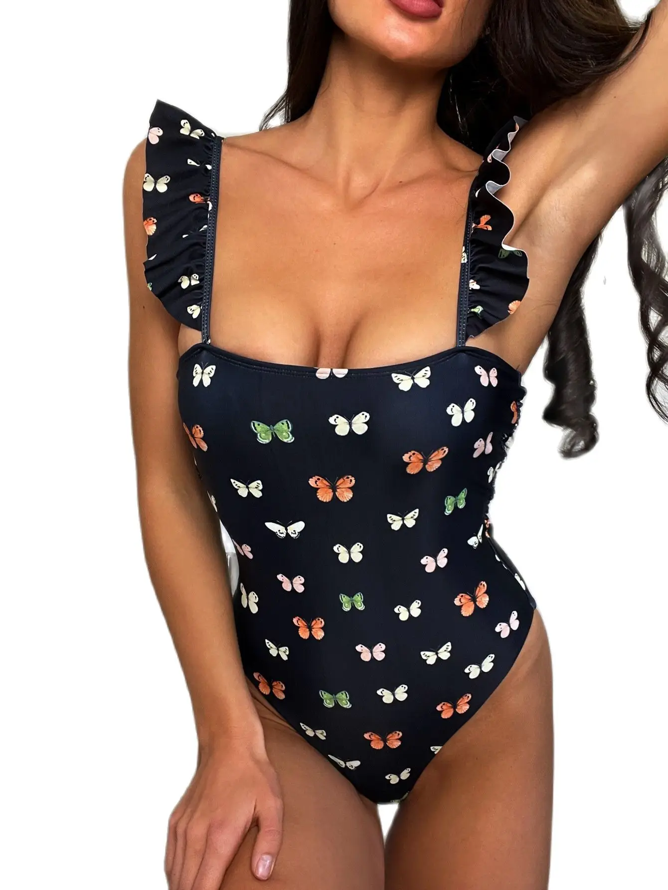 

New Women One-piece Ruffle Butterfly Printed Swimsuit Monokini Swimwear