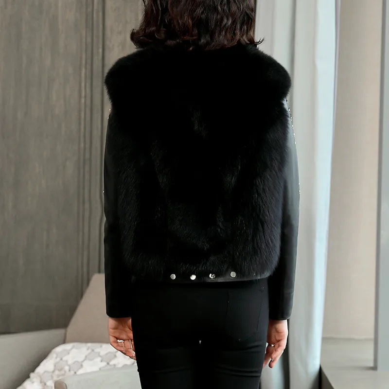 Женская короткая куртка из натуральной кожи мотоциклетная хлопка с лисьим мехом