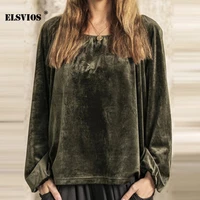 elegant fashion o neck golden velvet t shirts casual fall winter lantern sleeves solid color top loose pullover office lady tops