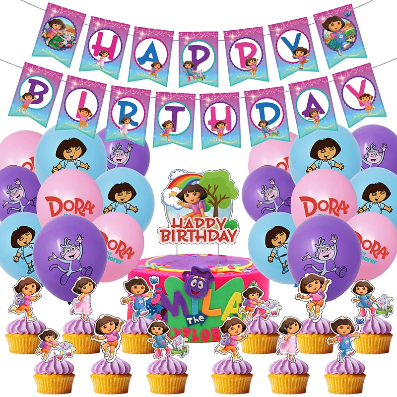 

1 Набор тема Дора набор украшений для дня рождения детский душ латексные воздушные шары для вечеринки тянущийся флаг набор аксессуаров для ...