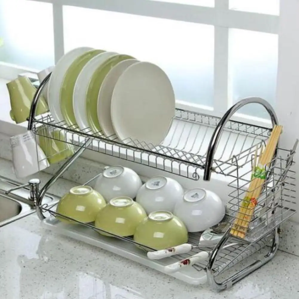 Large Capacity Stainless Steel 2-Layer Dish Drainer Drying Rack for Kitchen Storage | Дом и сад
