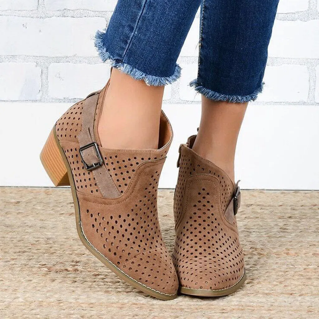 Women Ankle Boots Hollow Shoes Female Casual Belt Buckle Women's Large Size Autumn High-Heeled Shoe botas mujer #903 | Обувь