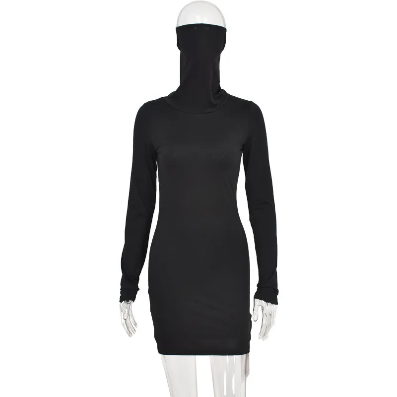 

Ahagaga Autumn Fashion Solid Black Dress Women Winter High Neck Bodycon Long Sleeve Regular Dresses Women Dress Vestidos Robes
