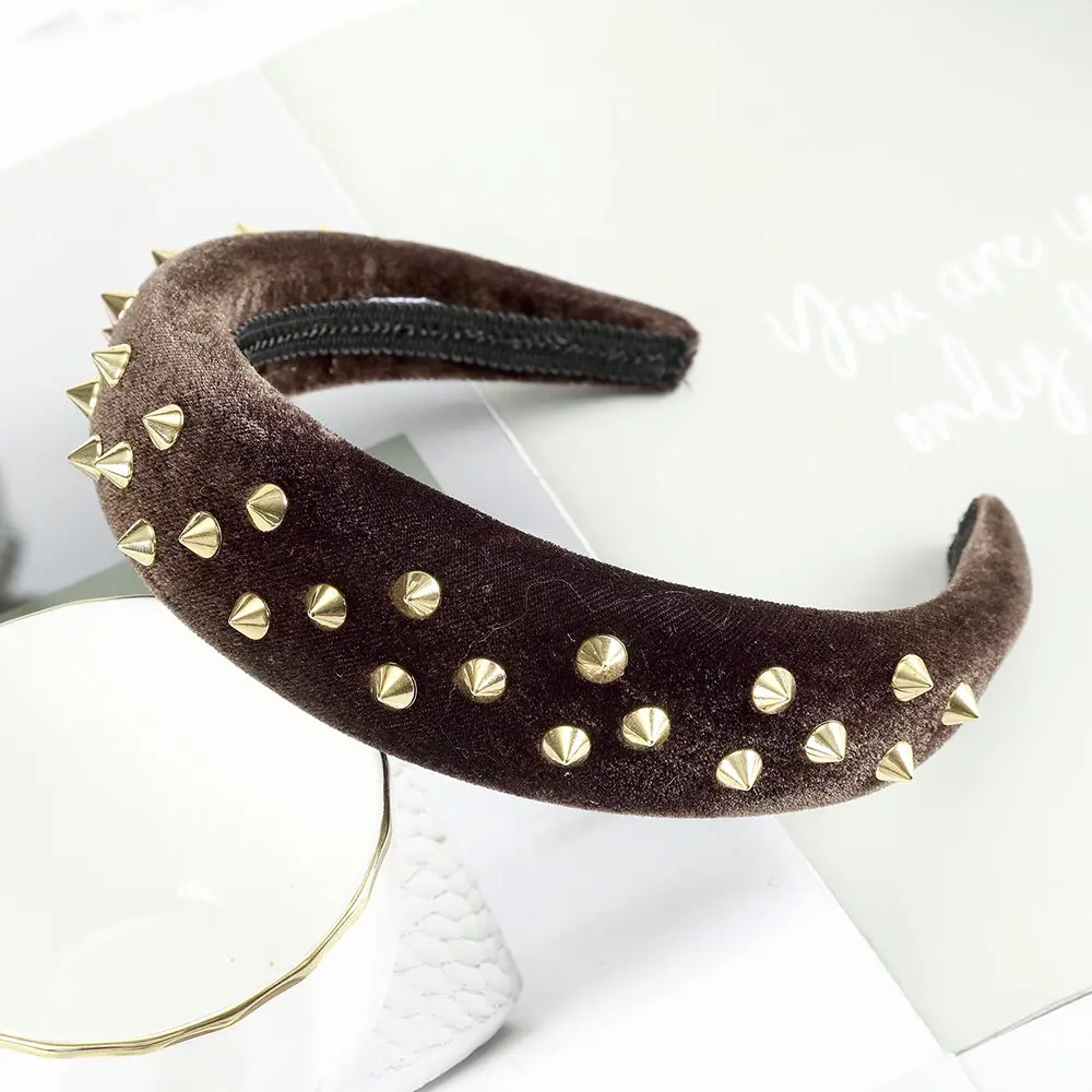 H dark brown AWAYTR Женская утолщенная бархатная повязка на голову губчатая лента для волос золотой Шипованный обруч для волос ободок для вечеринки женские аксессуары для волос - Цвет: H dark brown