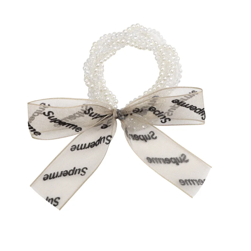 

California Girl Letter Bow Pearl Hair Rope Rubber Band Female Hair Ring Simple All-Match Korean Internet Celebrity Hair