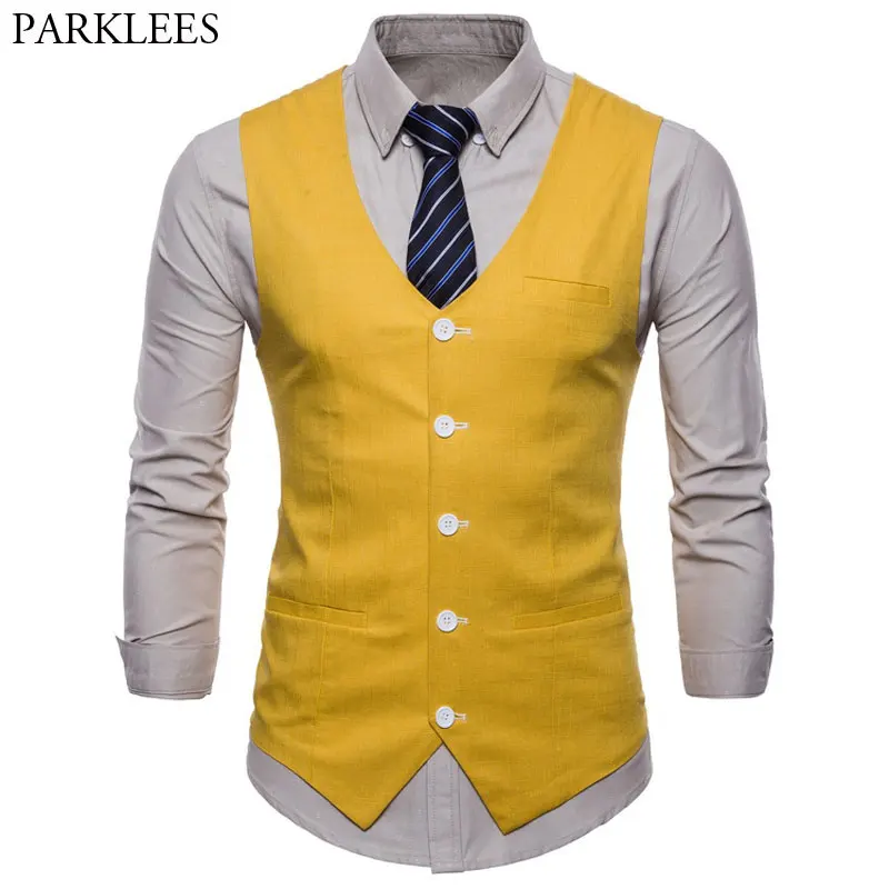 Casual Cotton Linen Mens Suit Vest Slim Fit Single Breasted Sleeveless Waistcoat Male White Yellow Green Orange Light Blue M-4XL