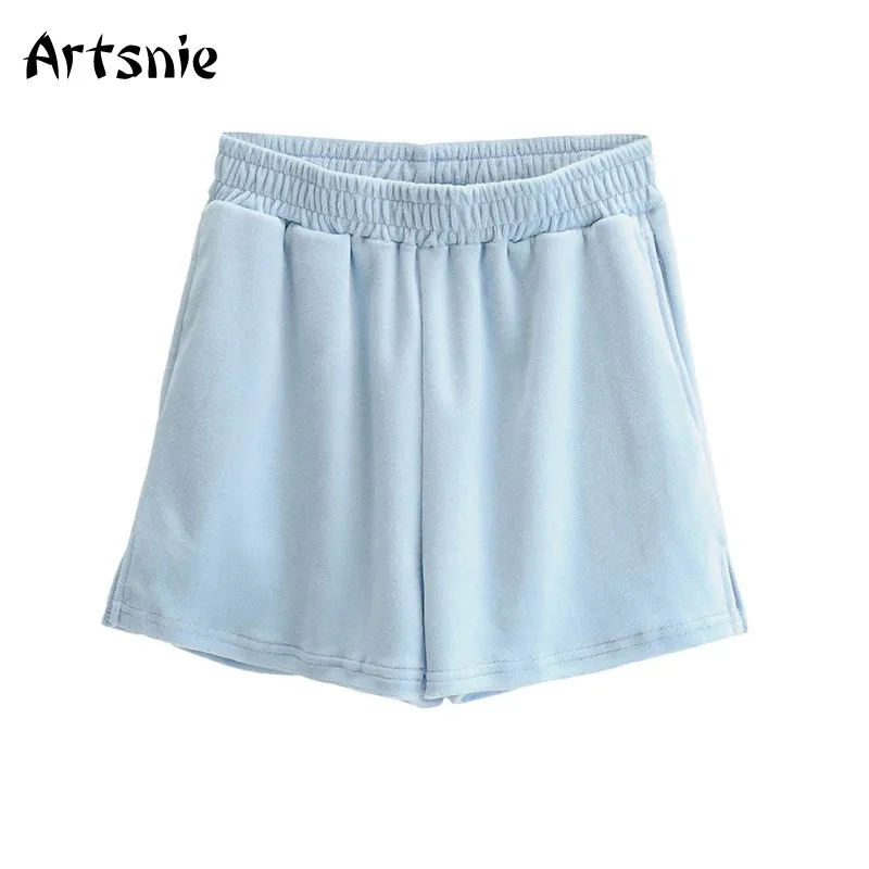 

Artsnie Summer 2021 Biker Shorts Women Elastic High Waist Loose Shorts Beach Casual Sky Blue Cotton Shorts Sportswear Femme