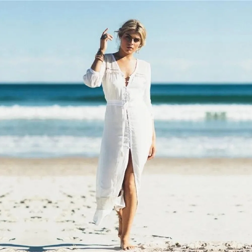 Хлопковая длинная Пляжная накидка платье пляжа купальник женский купальный