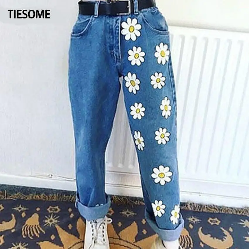

TIESOME Chic Woman jeans high waisted 2020 Straight cute female denim long pants trousers vintage daisies printed women jeans
