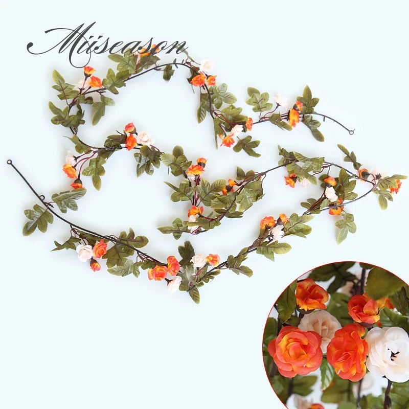 230cm/91in Silk Rose Wedding Decorations Ivy Vine Artificial Flowers Arch Decor with Green Leaves Hanging Wall Garland mini rose | Дом и сад