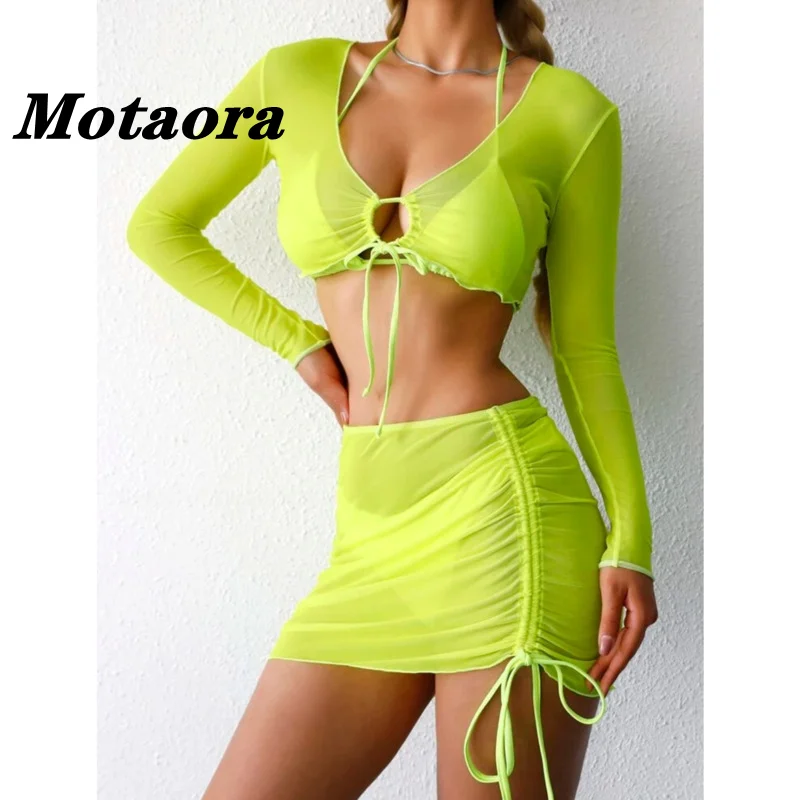 

Sexy Summer Bather Swimwear Women Solid Yellow Swimsuit Drawstring Four Piece Bikini Skirt Long Sleeve Bandage Bathing Suit Swim