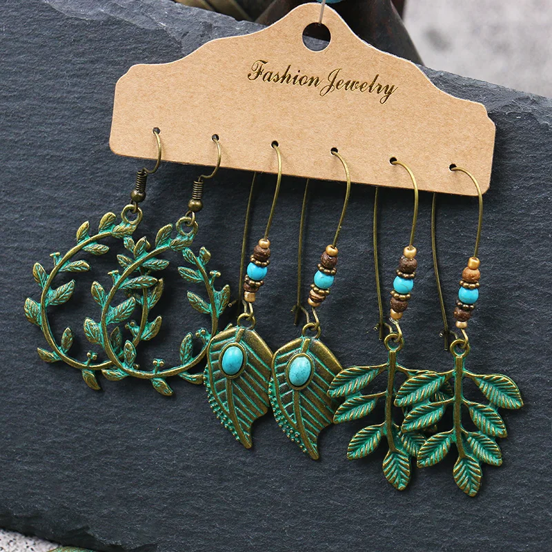 Винтажные богемные серьги античная бронза круглые листья цветок висячие для