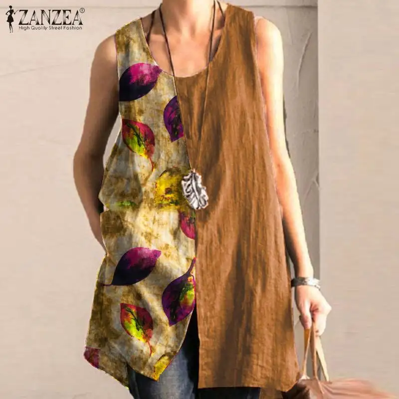 

Summer Tanks Tops ZANZEA Women Vintage Sleeveless Blouse Patchwork Blusas Loose Vests Casual Floral Printed Cotton Linen Shirt