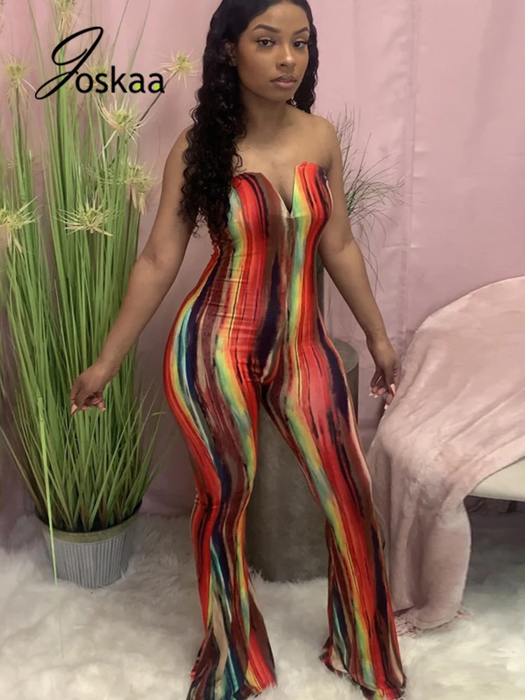 

Joskaa Stripe Print V-Neck Strapless Flare Pants Jumpsuits Fashion Overalls Women Clothing 2021 Summer Sexy Party Club Rompers