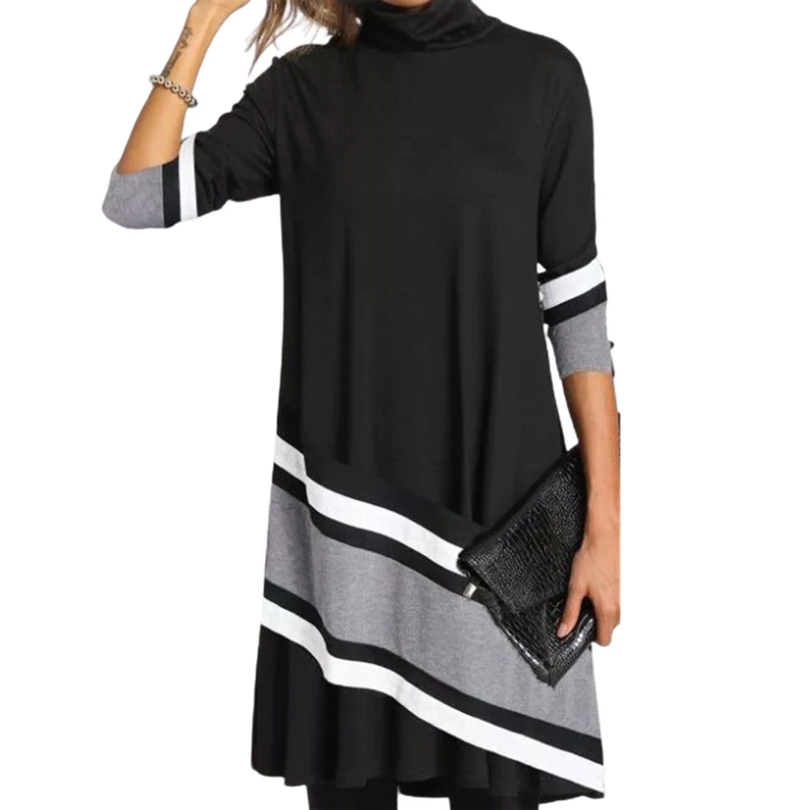 

Ladies Autumn And Winter Long-Sleeved Swearter Women Autumn Winter Stripes Floral Print Turtleneck Long Sleeve Loose Midi Dress