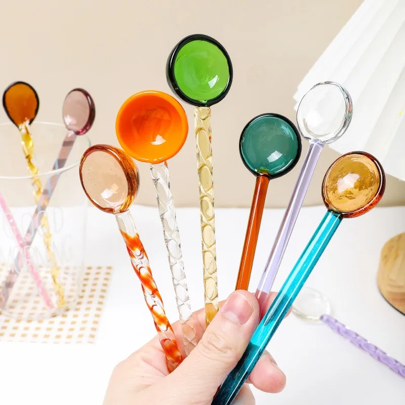 

Glass Milk Spoon Colored Transparent Coffee Dessert Stirring Spoons High Temperature Resistant Long Spiral Handle Kitchen 1PC