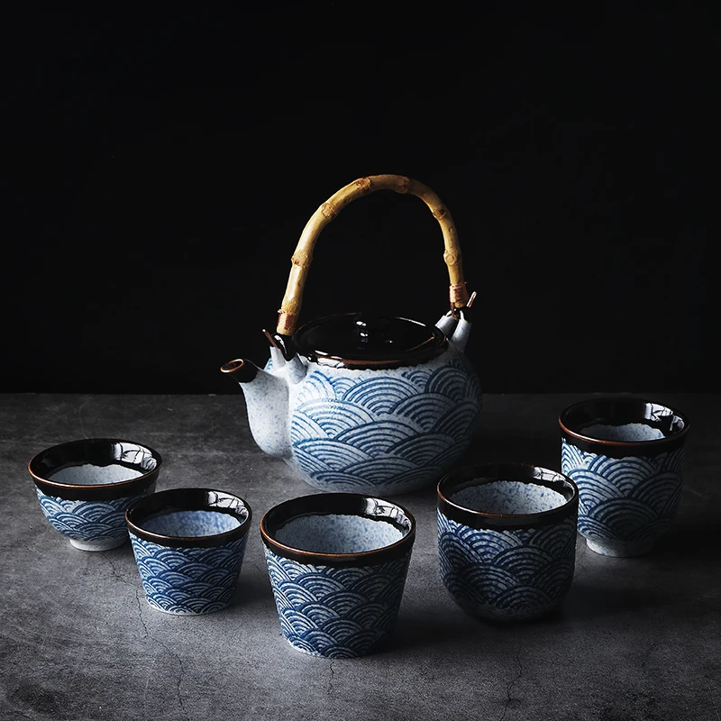 

Japanese Style Tableware Home Ceramic Teapot Teacup Sea Damaskeen-Day Cuisine Teapot Cup Retro Zephyr Drinking Ware