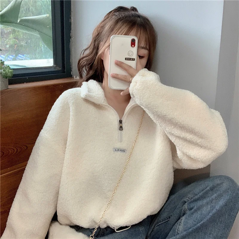 Lamb Wool Short Sweater for Women Winter Loose Korean Style Idle BF Fleece-Lined Thickened Chic Hong Kong Jum | Женская одежда