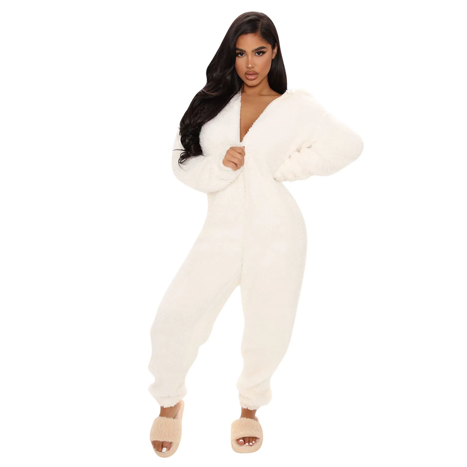 Casual Hooded Jumpsuit Loose Flannel Autumn Winter Lovely Zipper Plush with Ears Long Sleeve Warm Home Service Rompers 2021