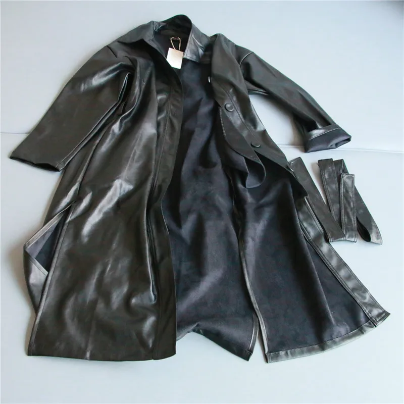 2021 New Autumn Women Loose Belt PU Leather Windbreaker Trench Coat Slim Spring Jacket enlarge