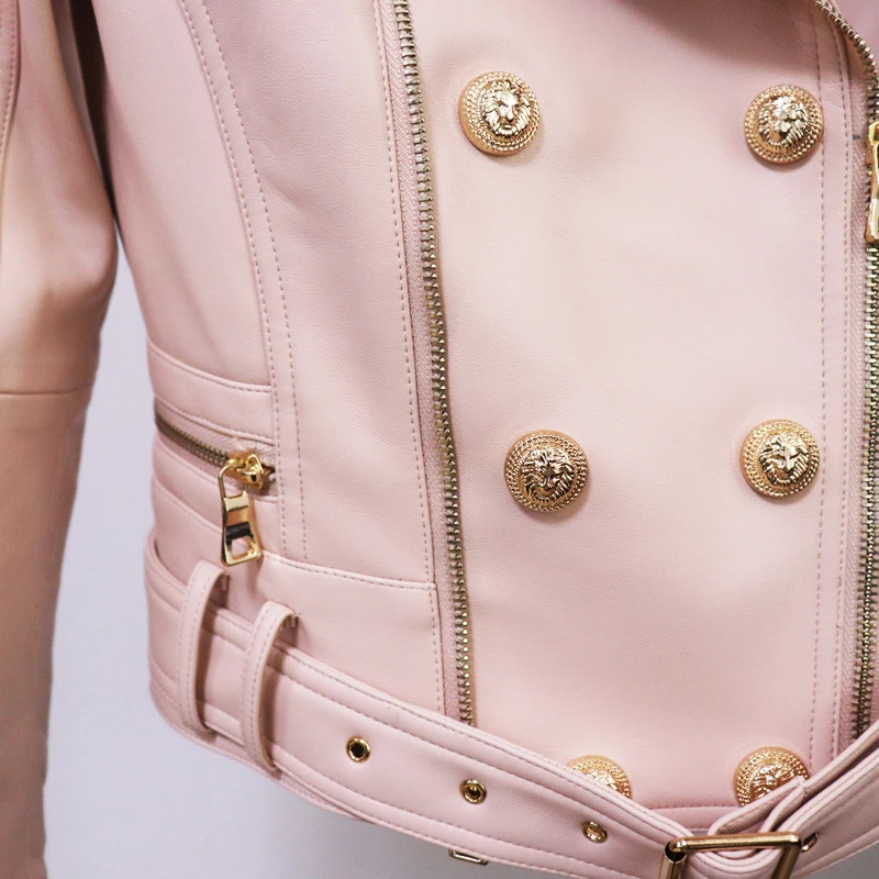 

STREET 2021 HIGH New Designer Jacket Women's Lion Buttons Double Zippers Motorcycle Biker Synthetic Leather Jacket