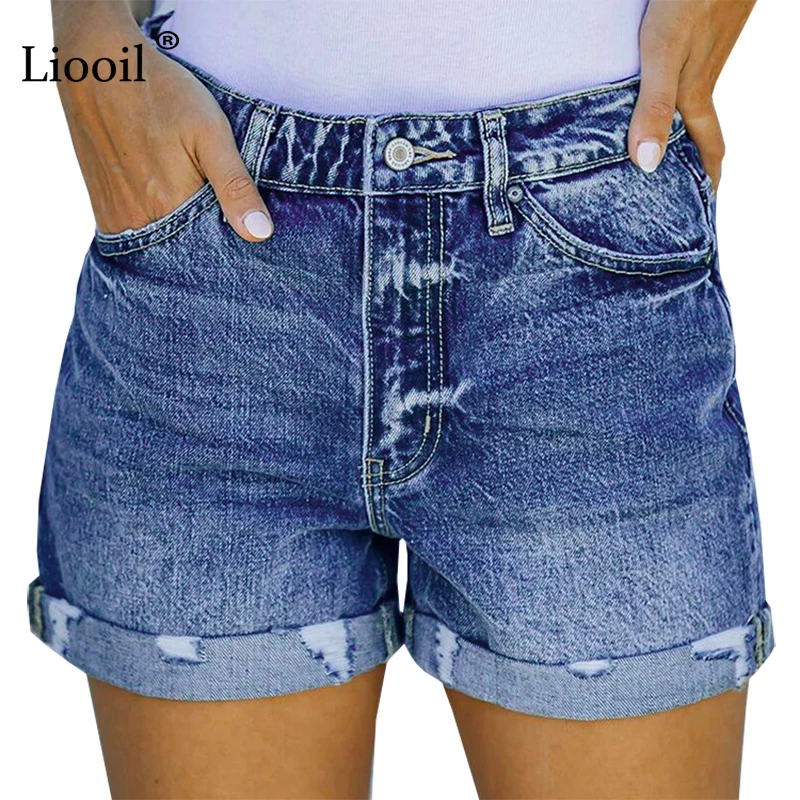 

Liooil Sexy Stretch Ripped Curly Jeans Shorts Women Mid Waist With Pockets Cotton Wash Distressed Blue Casual Hole Denim Shorts