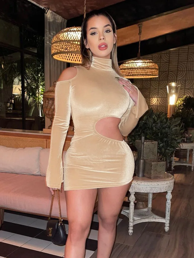 

Cutenew Corduroy Solid Sexy Hollow Out Turtleneck Skinny Mini Dress Women Autumn Casual Long Sleeve Stretchy Lady Party Clubwear