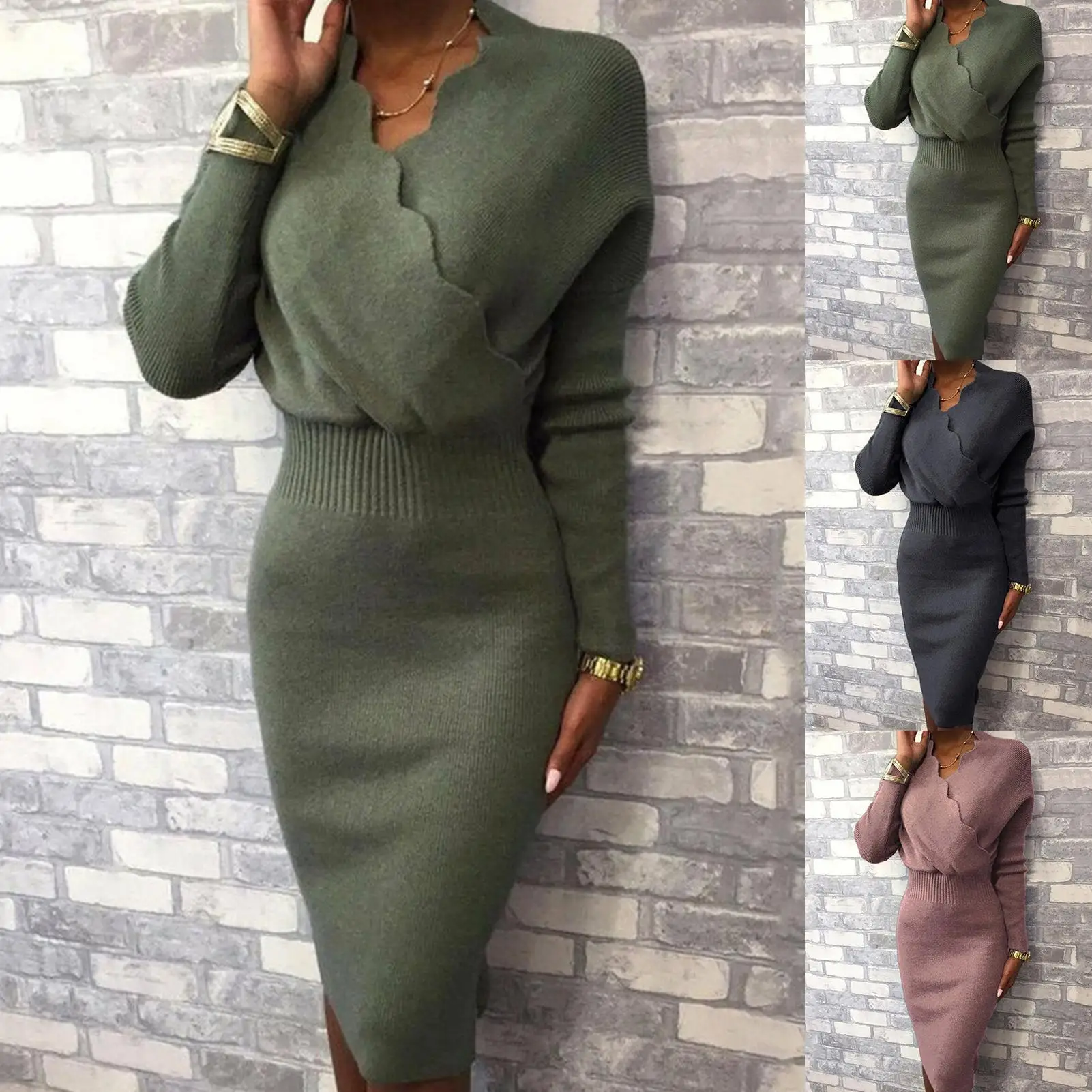 

Осеннее женское кружевное однотонное облегающее платье до колен с длинным рукавом и V-образным вырезом, вечерние платья, женская облегающая...