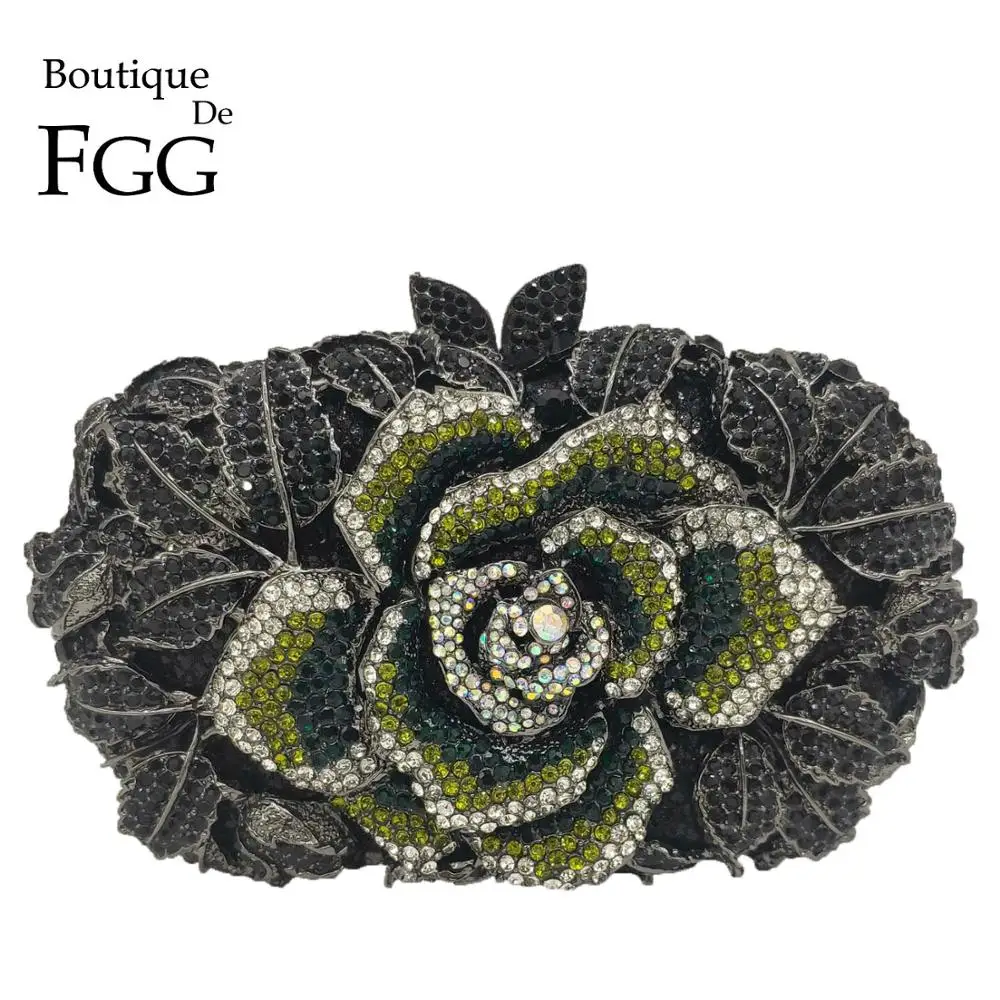 Женская вечерняя сумочка Boutique De FGG зеленая и черная клатч с цветком розы для
