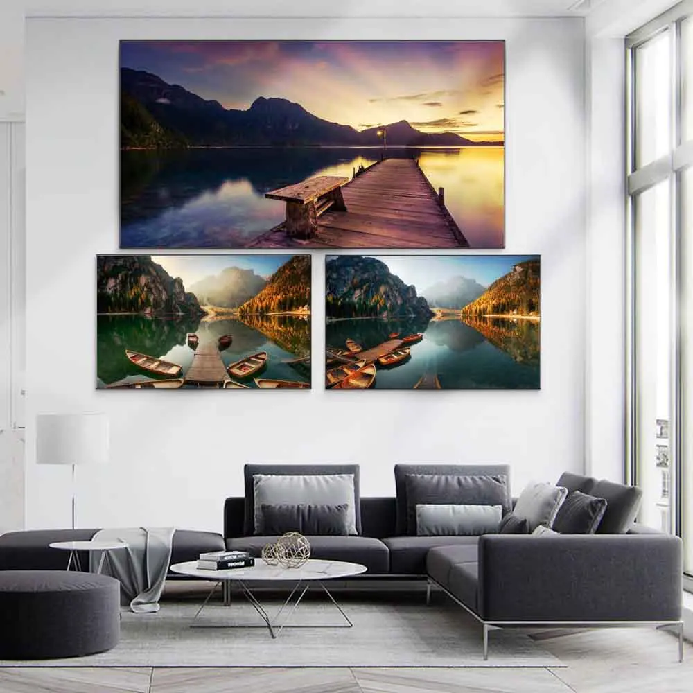 

Landscape oil painting lakeside wooden boat art canvas painting living room corridor office home decoration mural