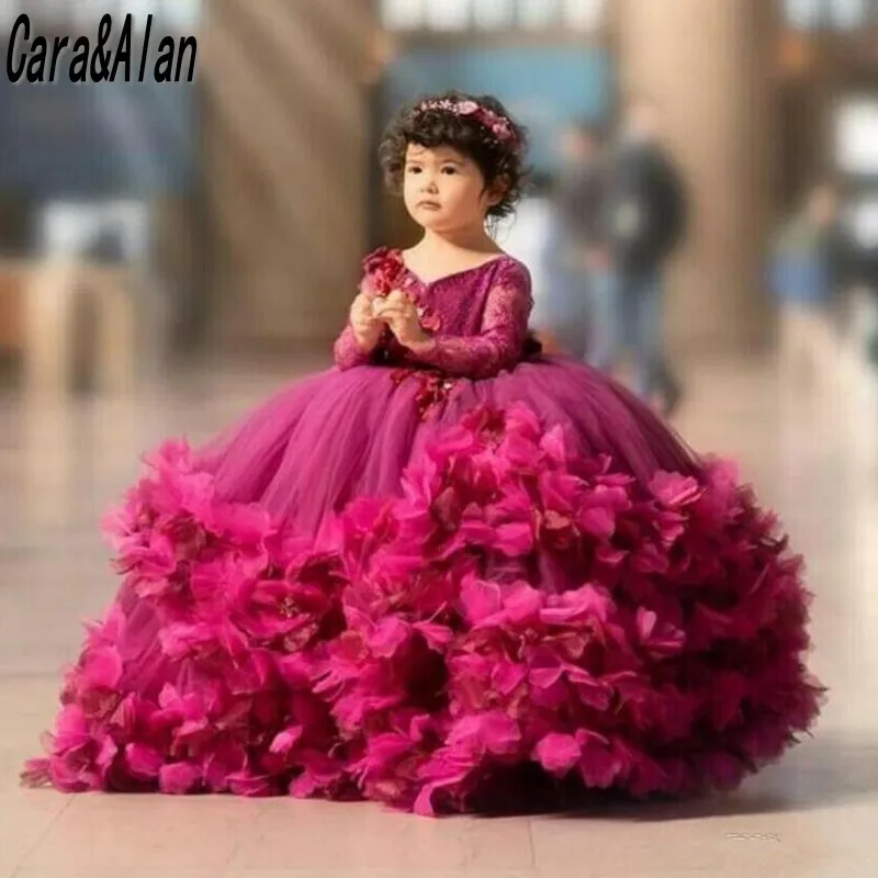 

Puffy Flower Girls Dresses 3D Flower Long Sleeve Kids Pageant Gowns Baby Birthday Party Dress vestido de fiesta de boda