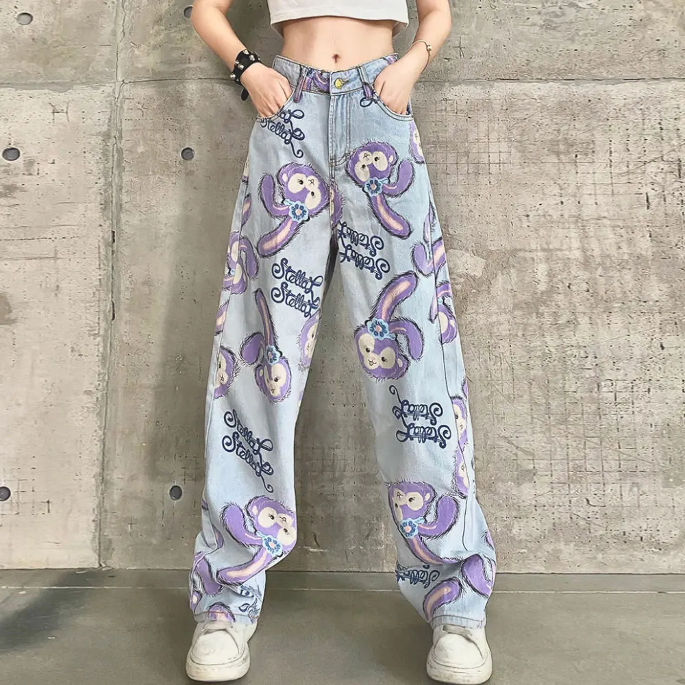

ZOTTSOZ Cartoon Anime Jeans Women Fashion Casual Streetwear High Waist Straight Denim Trousers Oversize Vintage Harajuku Pants