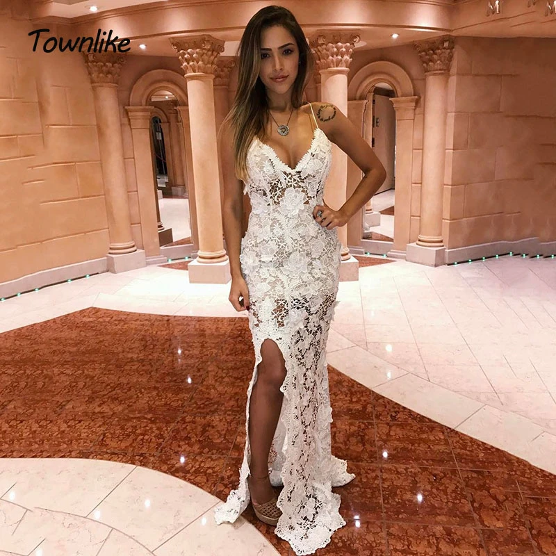 Женское кружевное платье на тонких бретельках Townlike длинное вечернее макси с