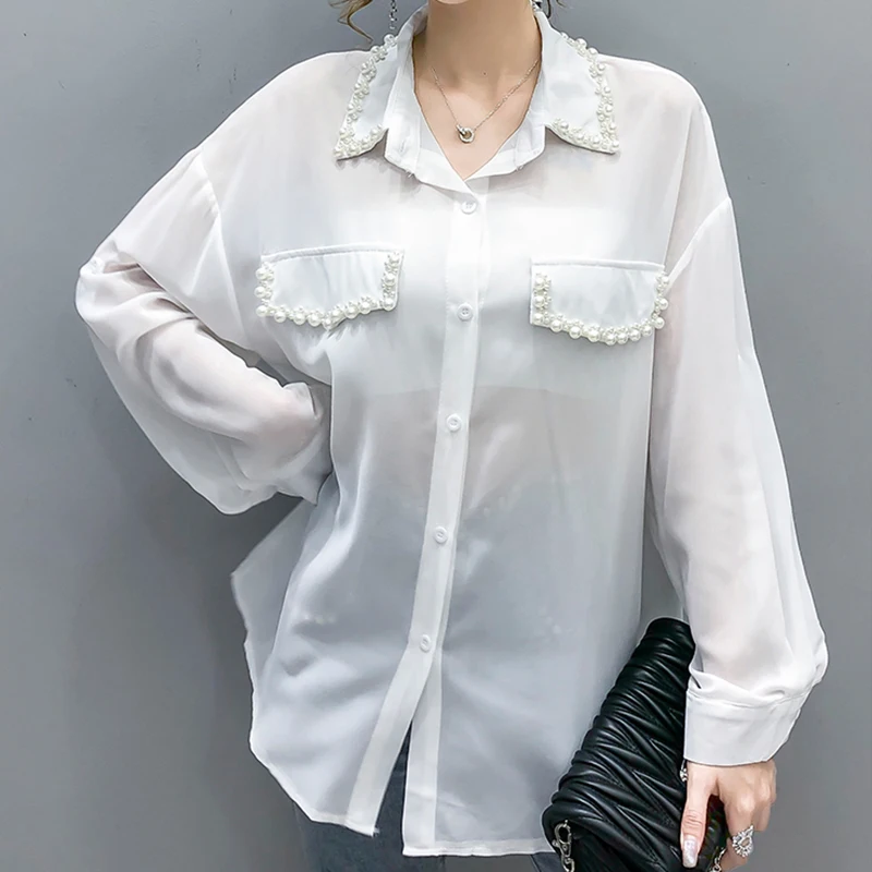 Elegant Lady Casual Beading chiffon white black blouse women 2021 summer turn down collar long sleeve tops button up shirts C161