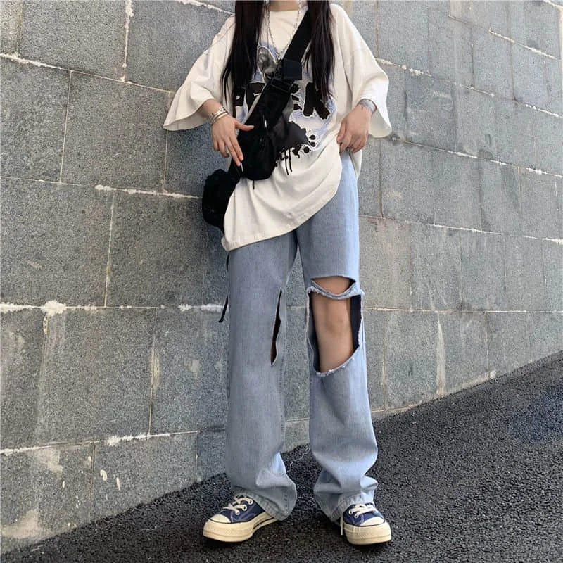 

Jeans Men And Women Summer New Korean Version Of Hole Beggar Trousers Wild Loose High Waist Wide Leg Straight Leg Pants