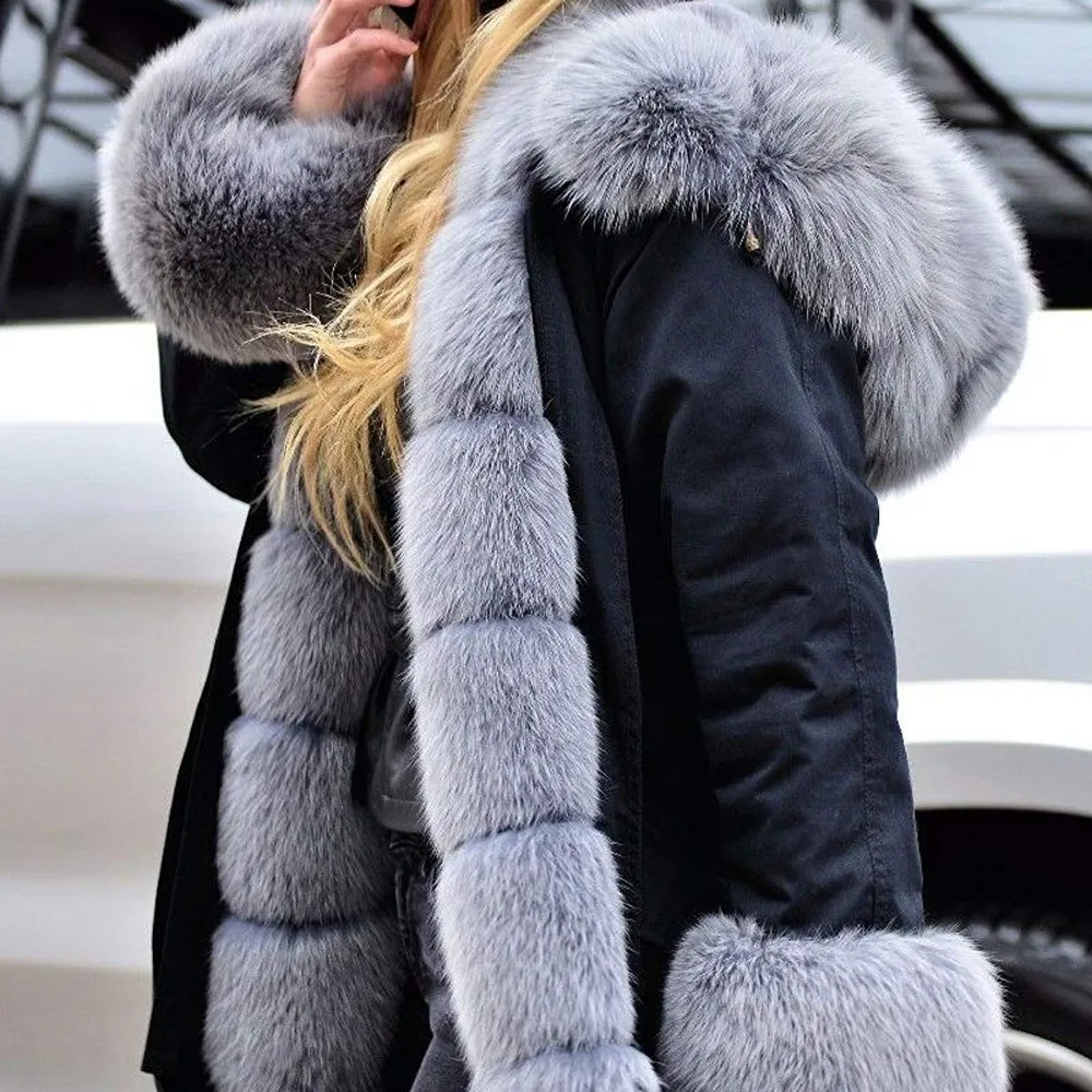 Newly Womens Faux Fur Winter Jacket Parka Hooded Coat Fishtail Overcoat Oversize Long Sleeves Coats Dropship Nov.2