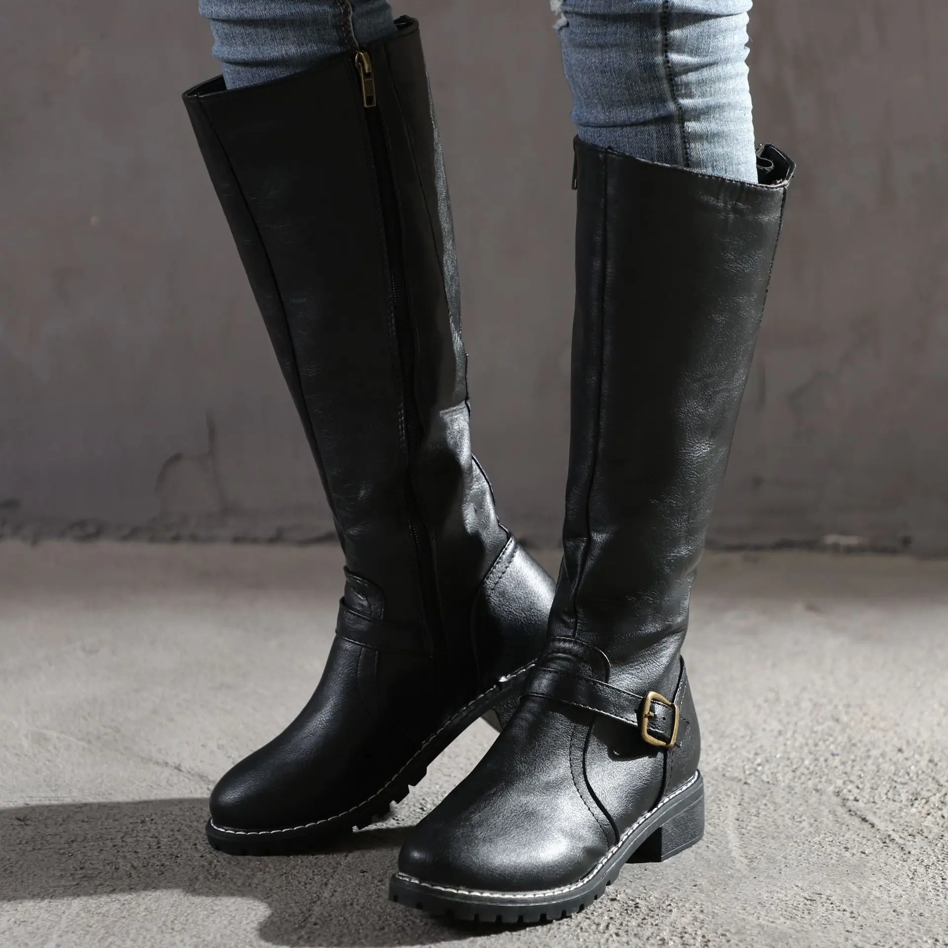 

New Women Zip Leather Knee High Boots Women's Buckle Long Knight Boots Female Combat Boots Women Low Heels Shoes Plus Size 43