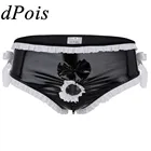 Мужское нижнее белье из искусственной кожи, трусы с открытым передним отверстием для пениса, мужские трусы-бикини с оборками и бантом на молнии