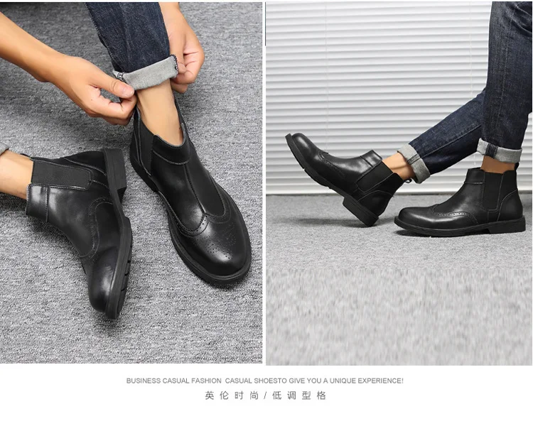 Winter PU Chelsea Boots Men Elastic Band Pointed Toe Ankle Boots Solid Casual Motorcycle Shoes Plus Size Black Brown