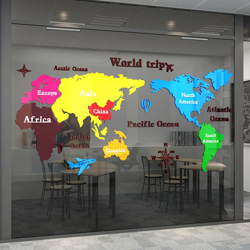 Карта мира искусственные акриловые обои украшения офисной компании 3D-наклейки