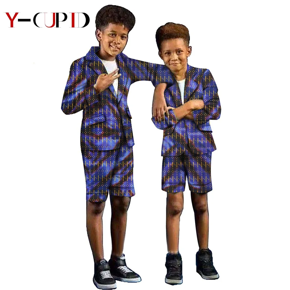

African Clothes for Kids Boys Print Outfits Bazin Riche Children Slim Fit Jacket Coats and Half Pants 2 Pieces Sets YS204019