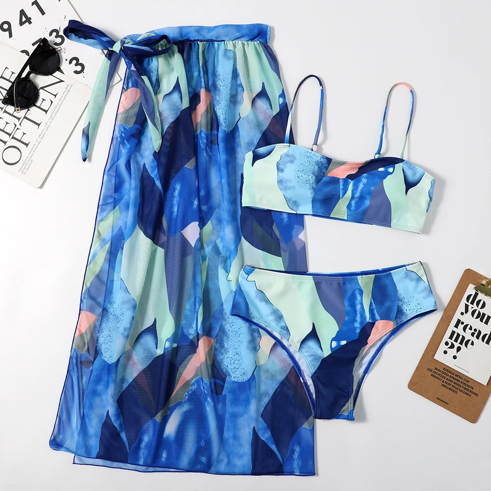 

2021 New Swimsuit European And American Bikini Three-Piece Mesh Split