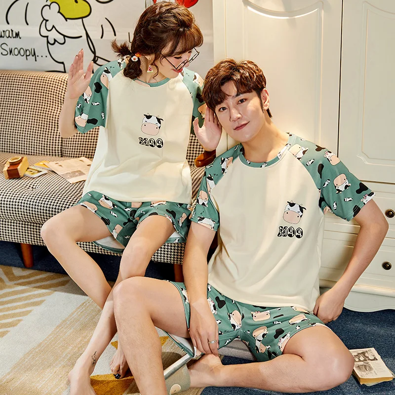 

Cotton Plus Size Men And Women Sleepwear Summer Fashion Korean Version Of Dark Green Patchwork Cartoon Cow Couple Sleepwear Set
