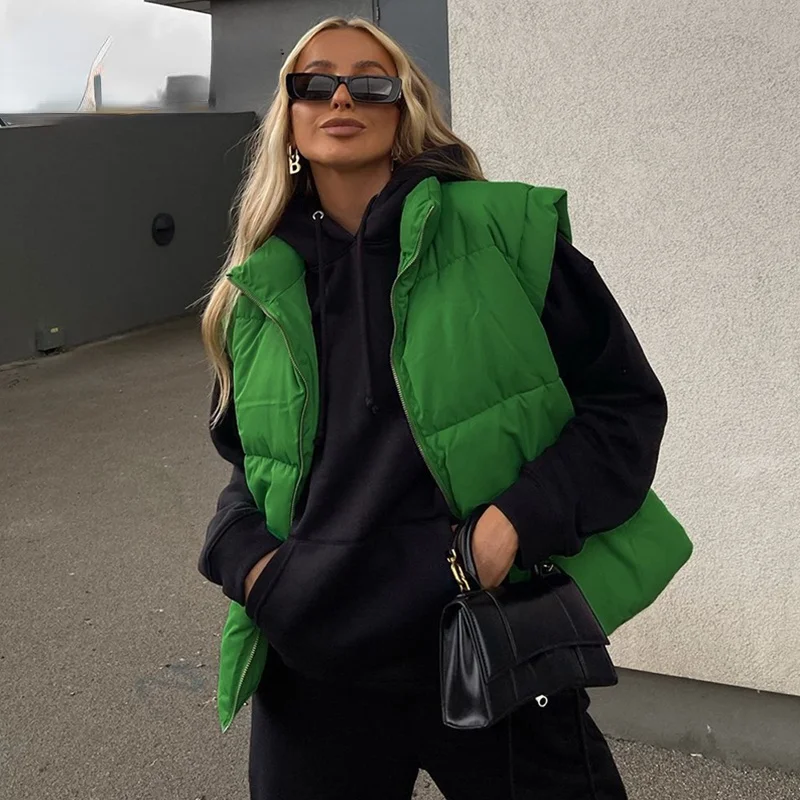 

European and American style fashion autumn and winter new women's solid color stand-up collar quilted zipper vest warm jacket