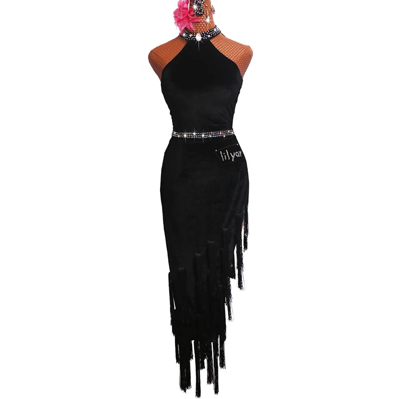 Сексуальное платье без бретелек для латинских танцев черное бархатное Фламенго